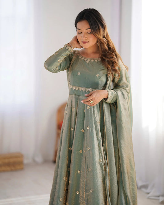 Fancy Sequins Work Green Color Silk Gown