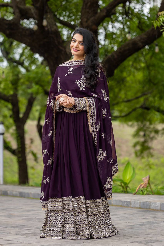Heavy Sequins Work Wine Color Gown With Dupatta