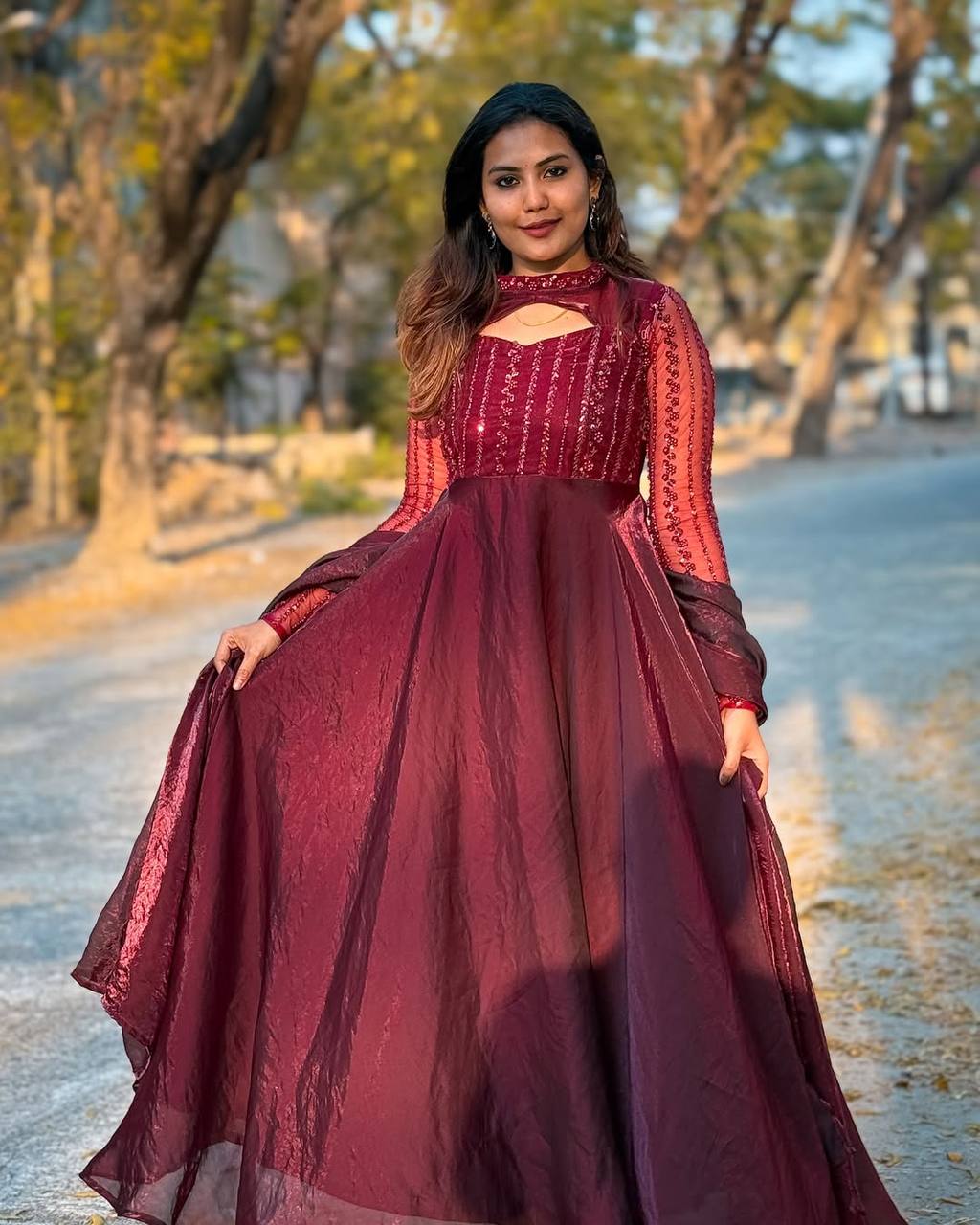 Flattering Sequins Work Maroon Color Anarkali Gown