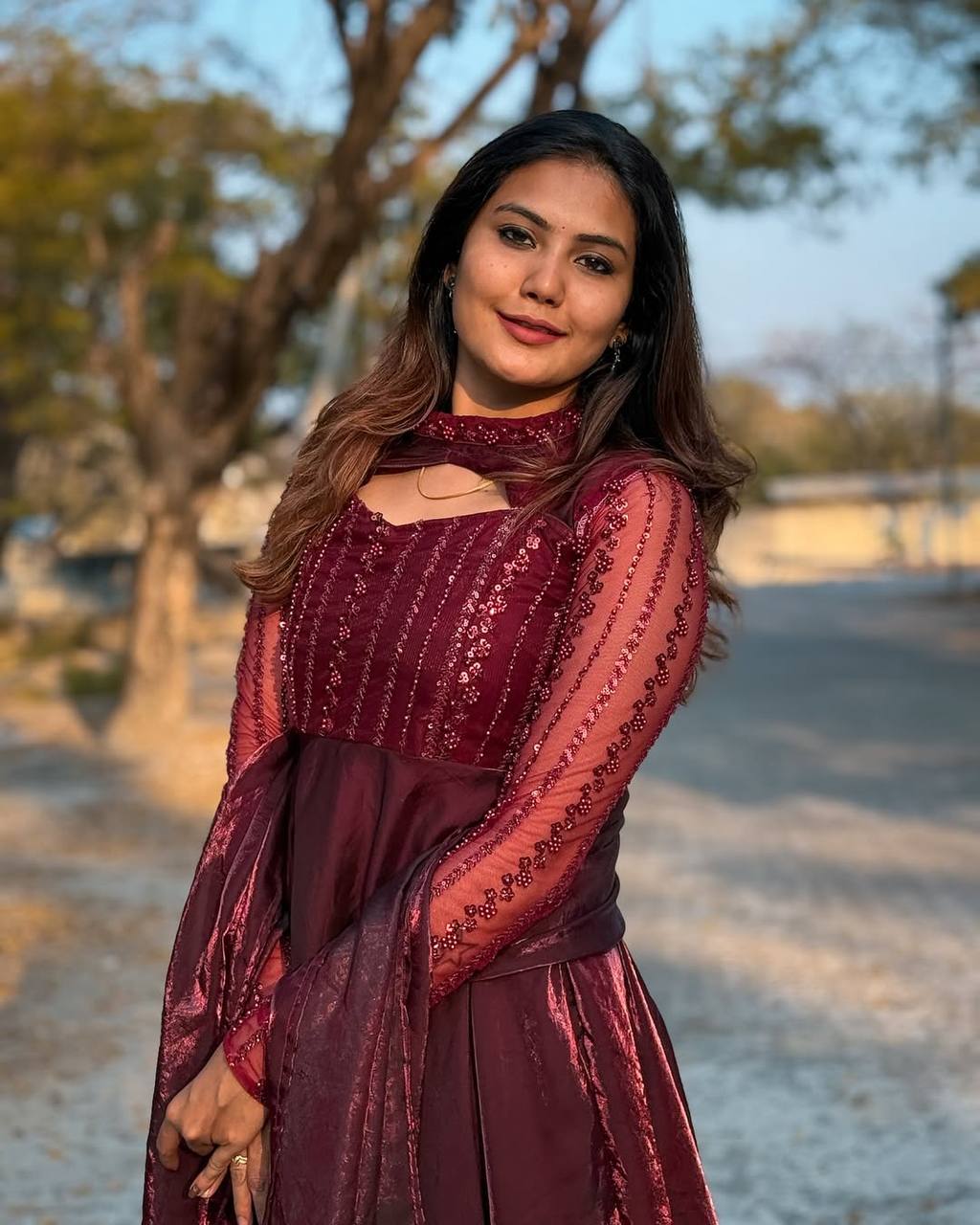 Flattering Sequins Work Maroon Color Anarkali Gown