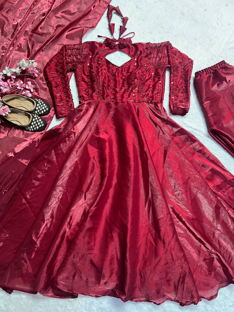Flattering Sequins Work Maroon Color Anarkali Gown