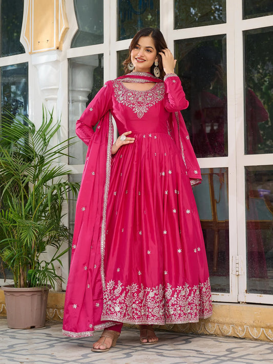 Fantastic Sequins Work Pink Color Gown