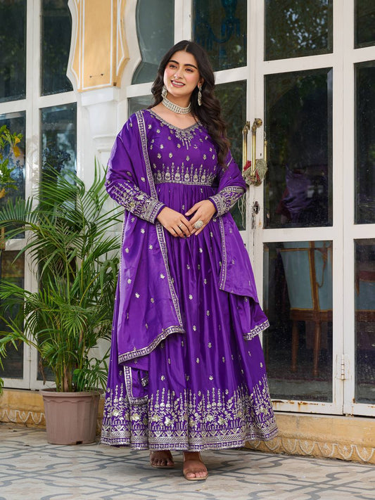 Attractive Sequins Work Purple Color Gown