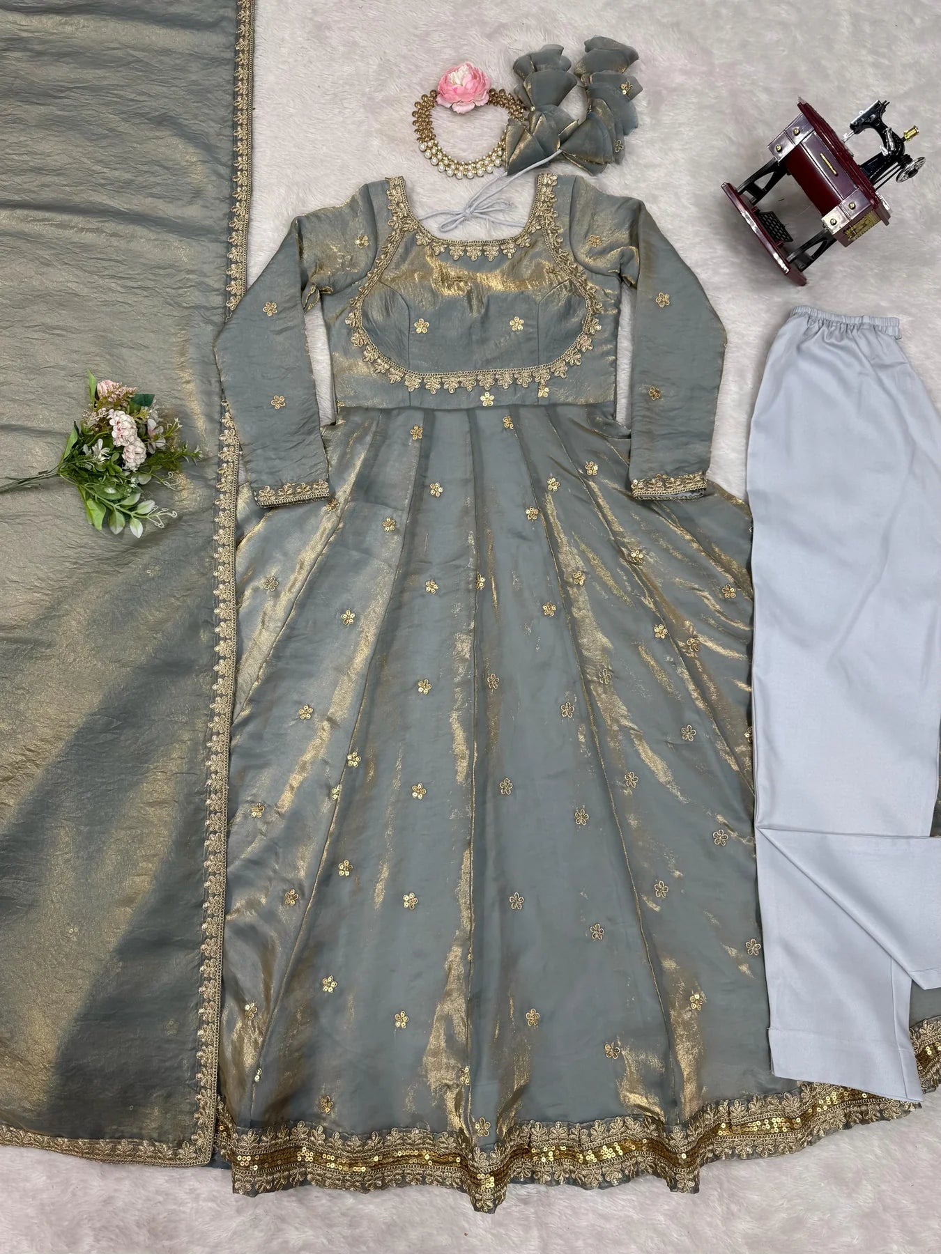 Fancy Sequins Work Grey Color Silk Gown