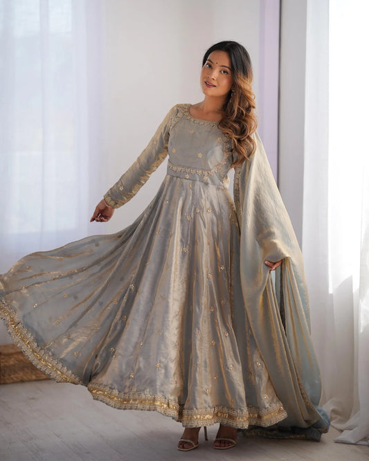 Fancy Sequins Work Grey Color Silk Gown