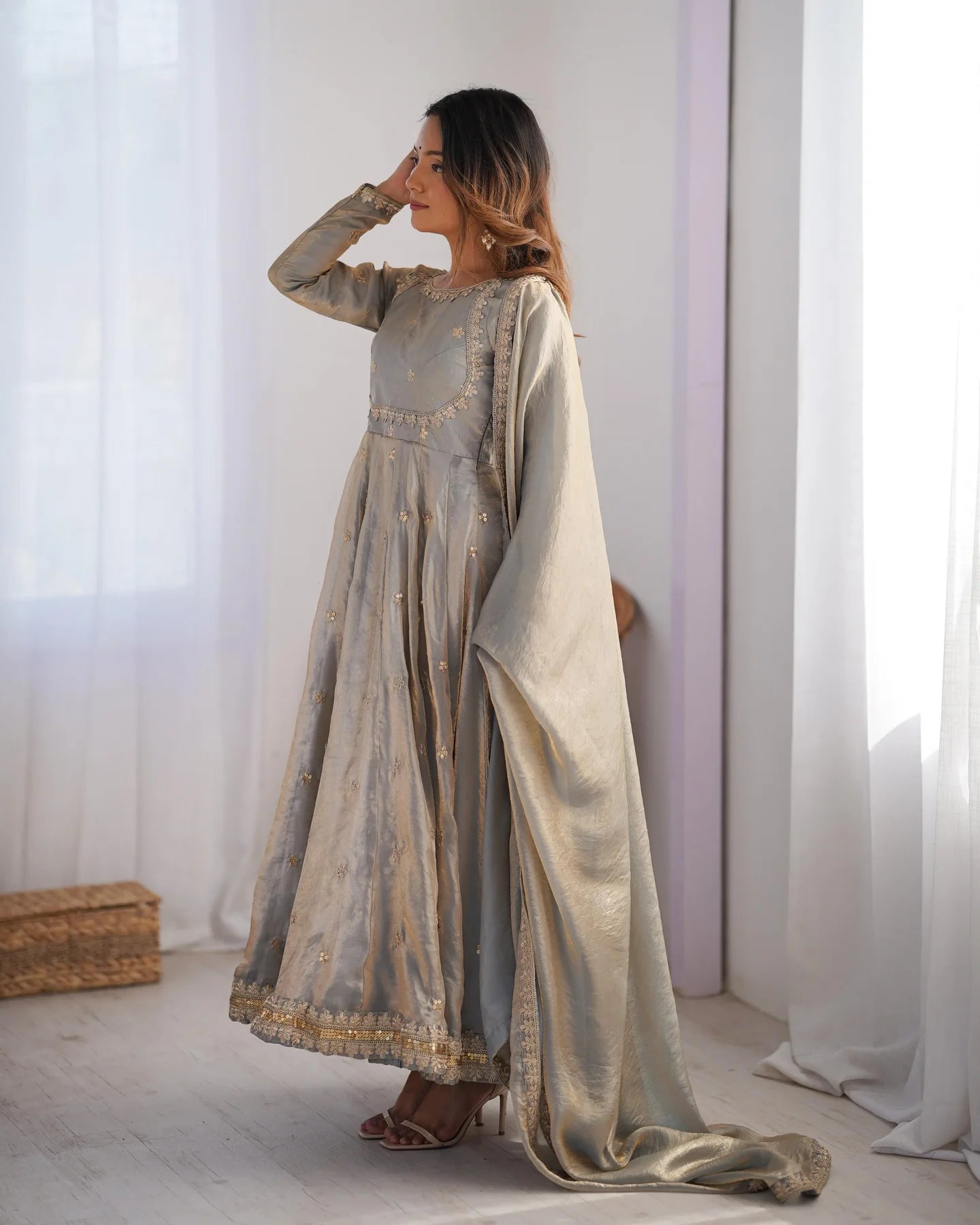 Fancy Sequins Work Grey Color Silk Gown