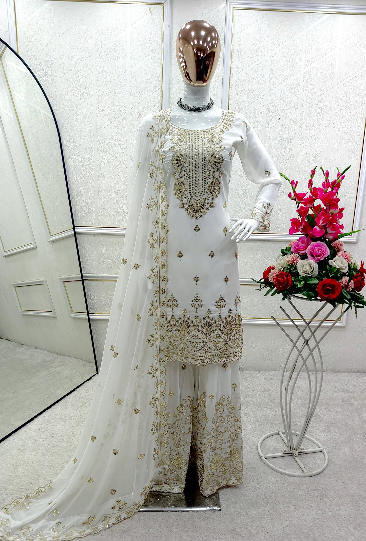 Fabulous Georgette White Color Sharara Suit