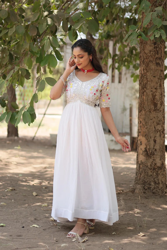 Outstanding Sequins Embroidery Work White Color Gown