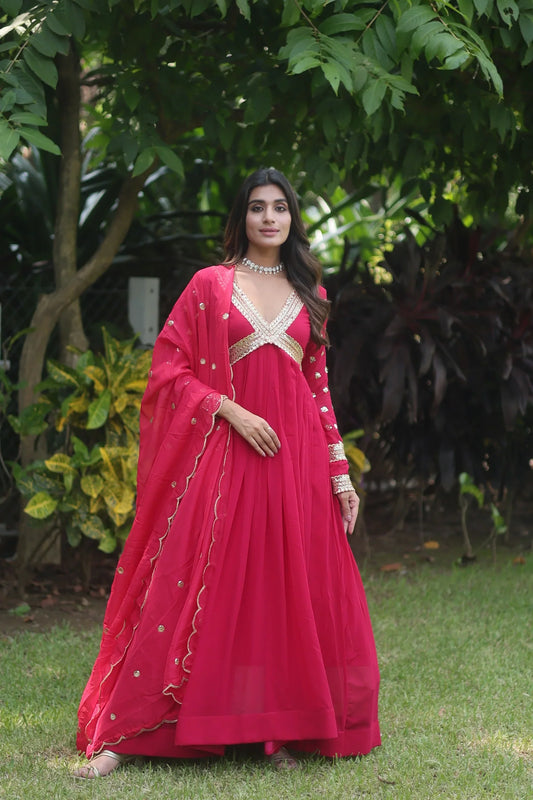 Luxuriant Red Color Blooming Embroidery Zari Sequins Work Gown