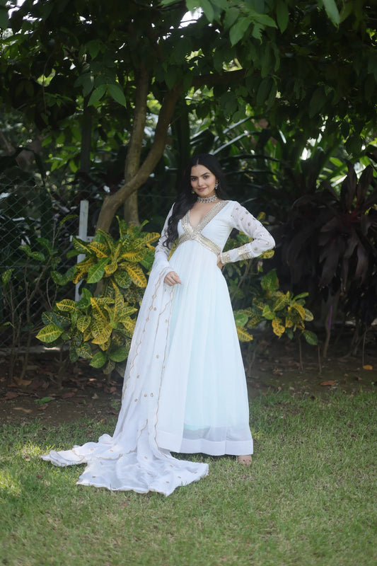 Luxuriant White Color Blooming Embroidery Zari Sequins Work Gown