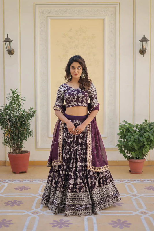 Wedding Wear Wine Color Jacquard Embroidered Sequins Work Lehenga Choli