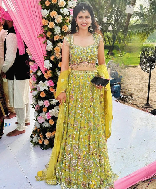 embellished Embroidered Work With Real Mirror Work Perrot Color Lehenga Choli