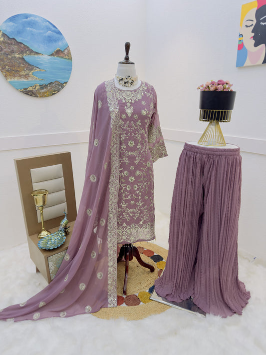 Stunning Embroidery Sequence Work Lavender Color Suit