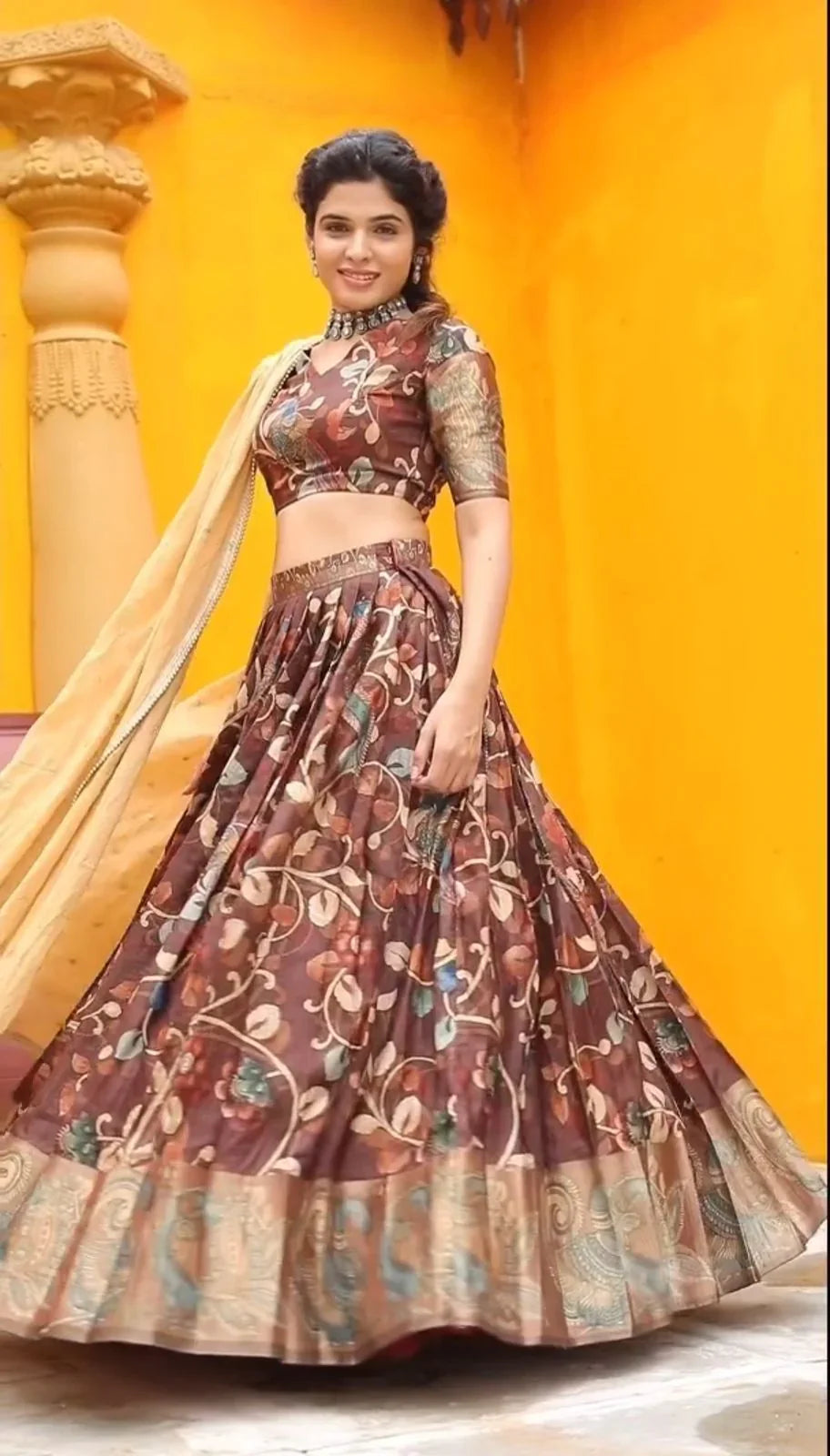 Glimmering Kalamkari Print Work Malhari Silk Lehenga Choli