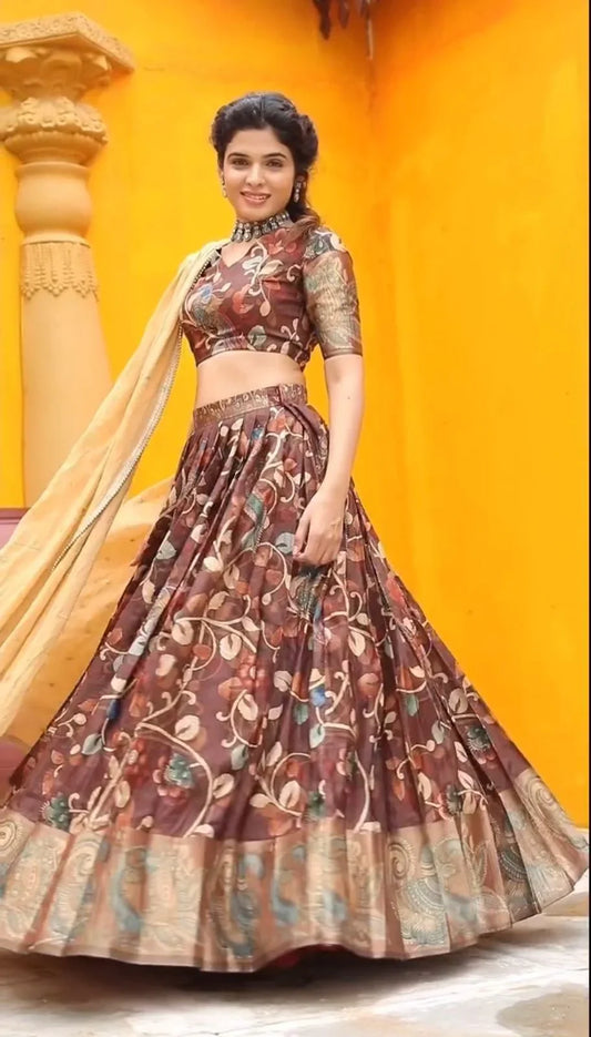 Glimmering Kalamkari Print Work Malhari Silk Lehenga Choli