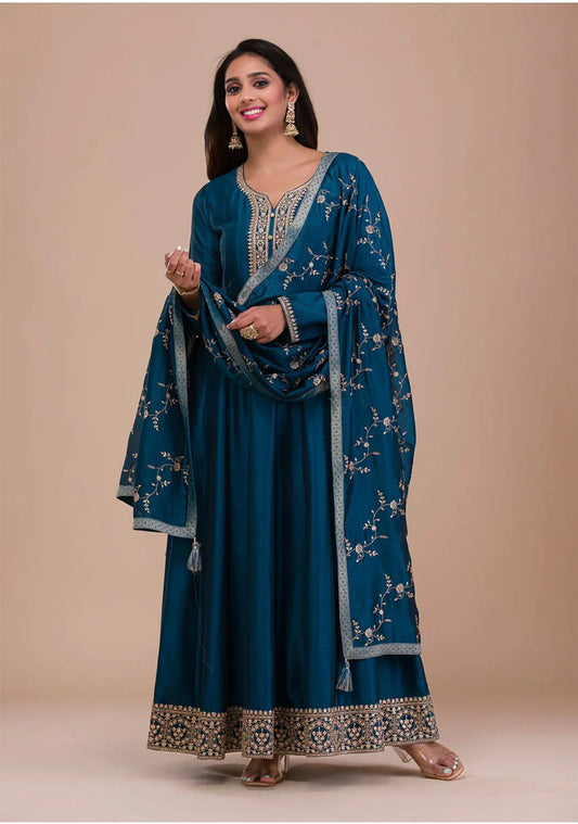 Flattering Sequence Embroidery Work Tel Color Gown