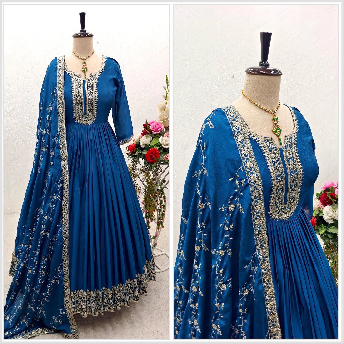 Flattering Sequence Embroidery Work Tel Color Gown