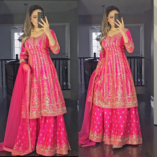 Alluring Embroidery Sequence Work Pink Color Sharara suit