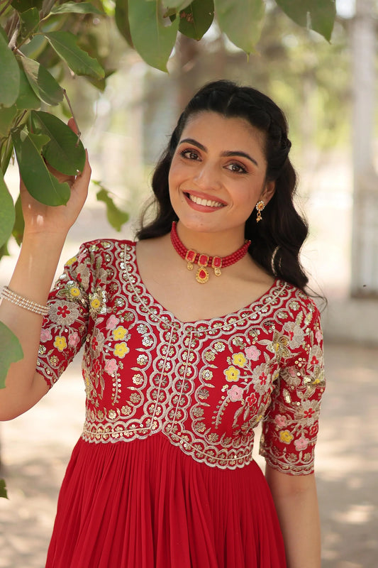 Outstanding Sequence Embroidery Work Red Color Gown