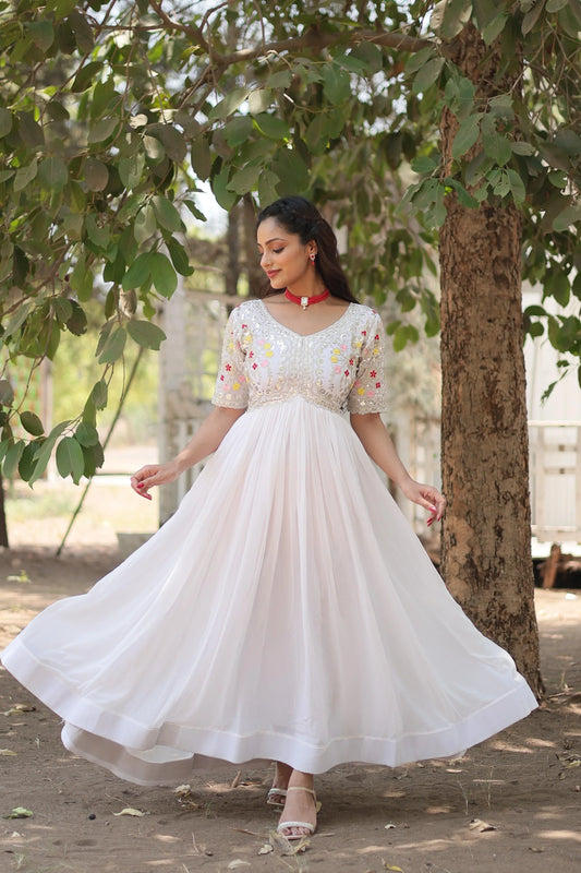 Outstanding Sequence  Embroidery Work White Color Gown
