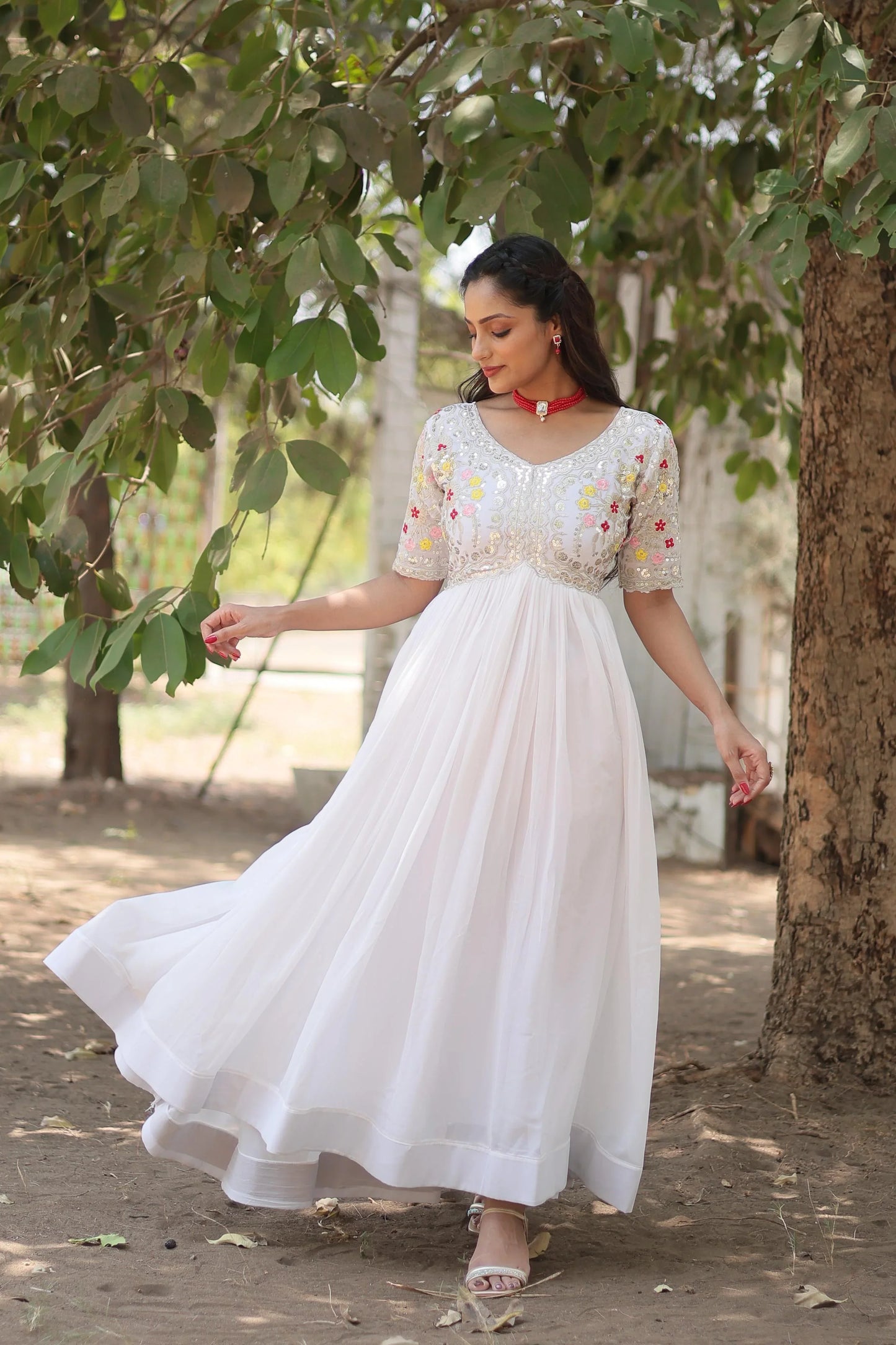 Outstanding Sequence  Embroidery Work White Color Gown