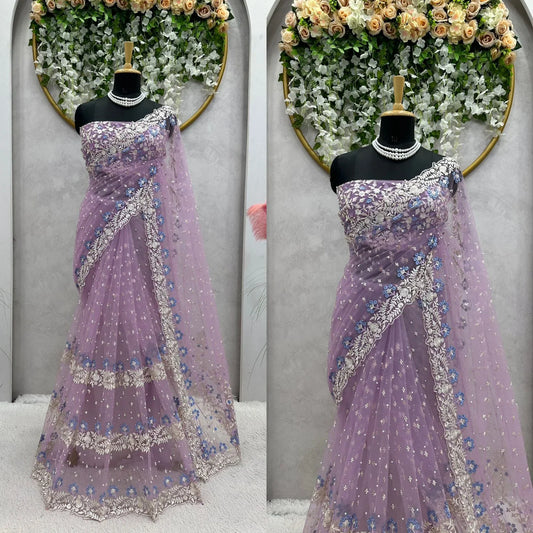 Exclusive Lavender Color Pearl Work Net Saree