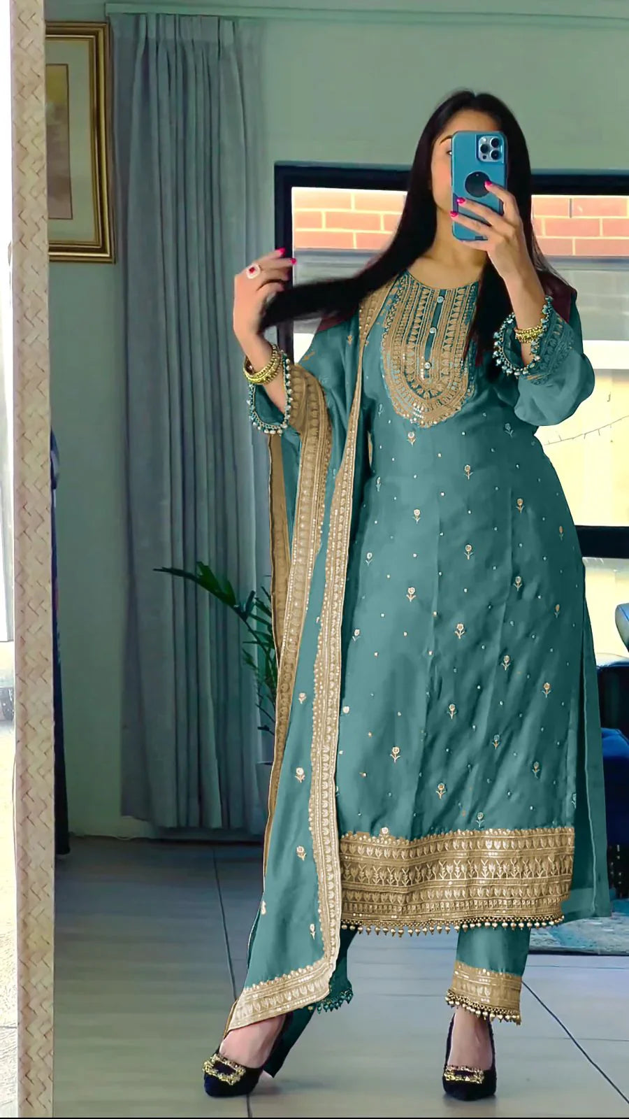Superb Blue Color Chinnon Silk Embroidery Salwar Suit