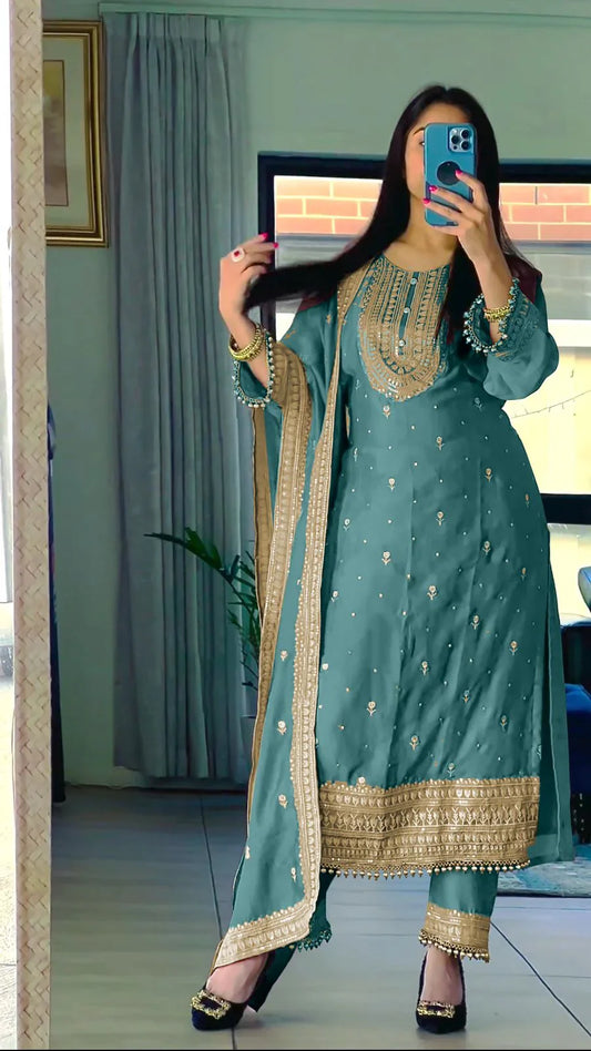 Superb Blue Color Chinnon Silk Embroidery Salwar Suit