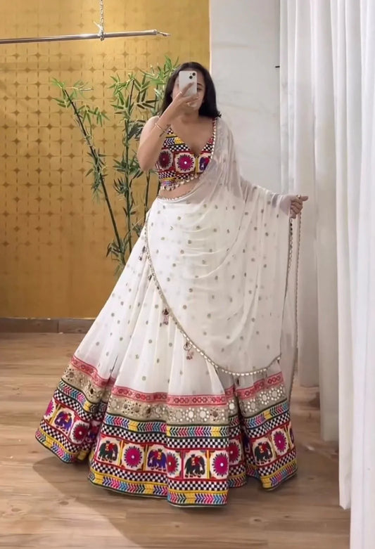 '-38%    White Color Chain Stitch WIth Mirror Work Navratri Lehenga Choli