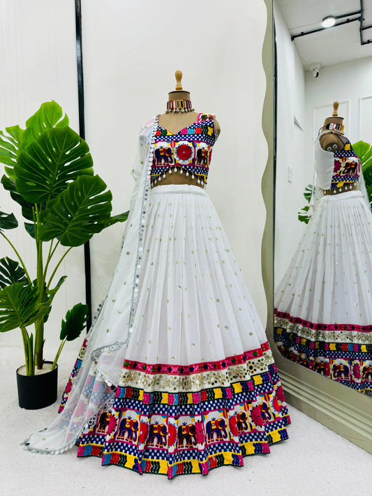 '-38%    White Color Chain Stitch WIth Mirror Work Navratri Lehenga Choli