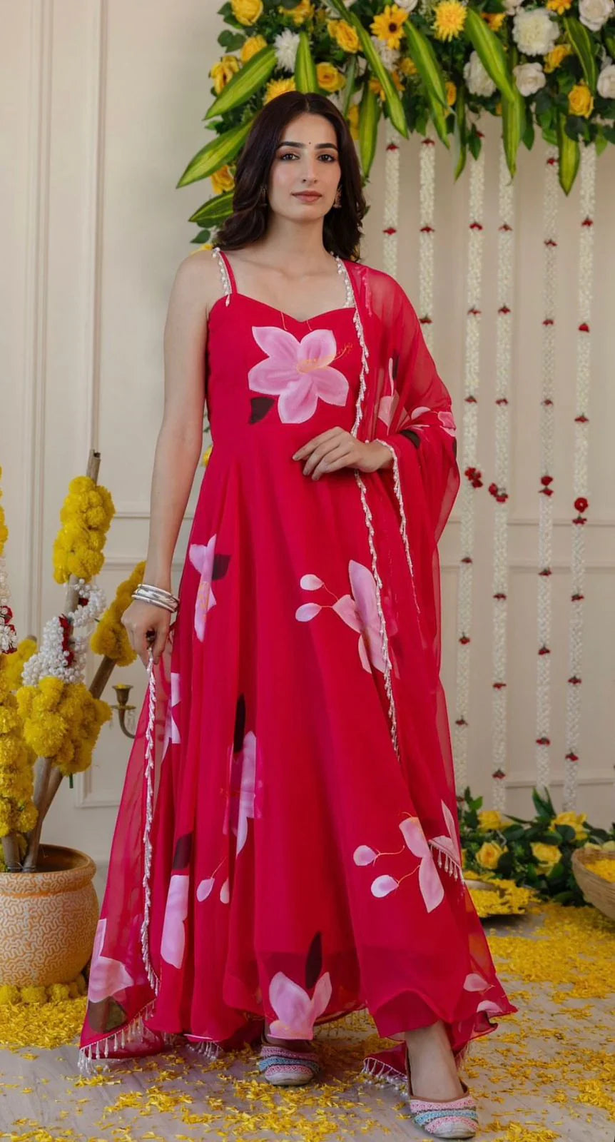 Stunning Classic Red Color Wear Digital Printed Organza Gown