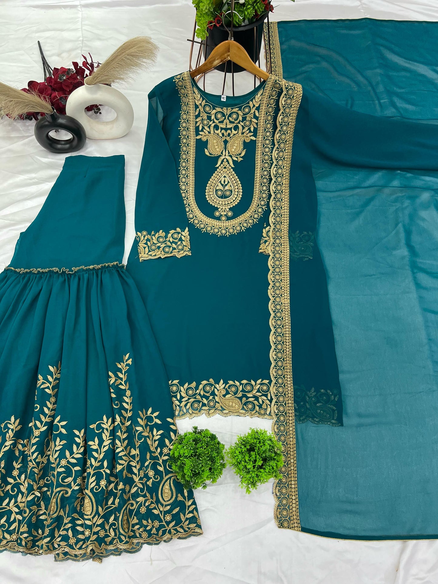 Traditional Wear Embroidery Work Teal Blue Color Sharara Suit