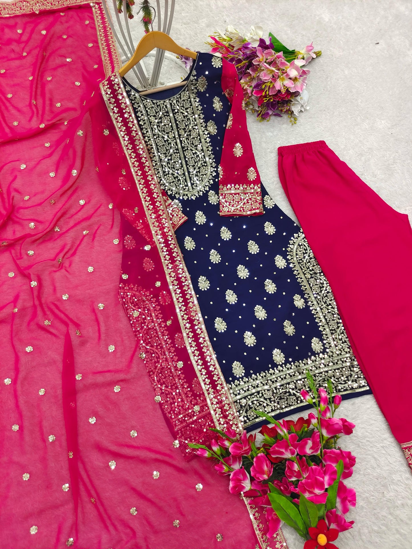 Navy Blue Color Heavy Embroidery Work Palazzo Suit