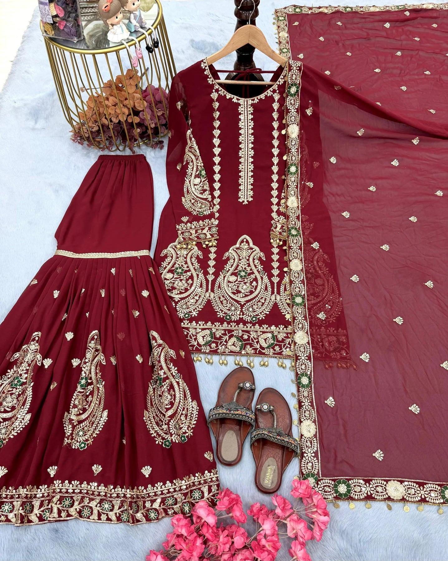 Designer Sequins Heavy Work Maroon Color Sharara Suit
