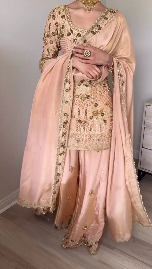 Elegant Jalpari Cotton Embroidery Work Peach Color Sharara Suit