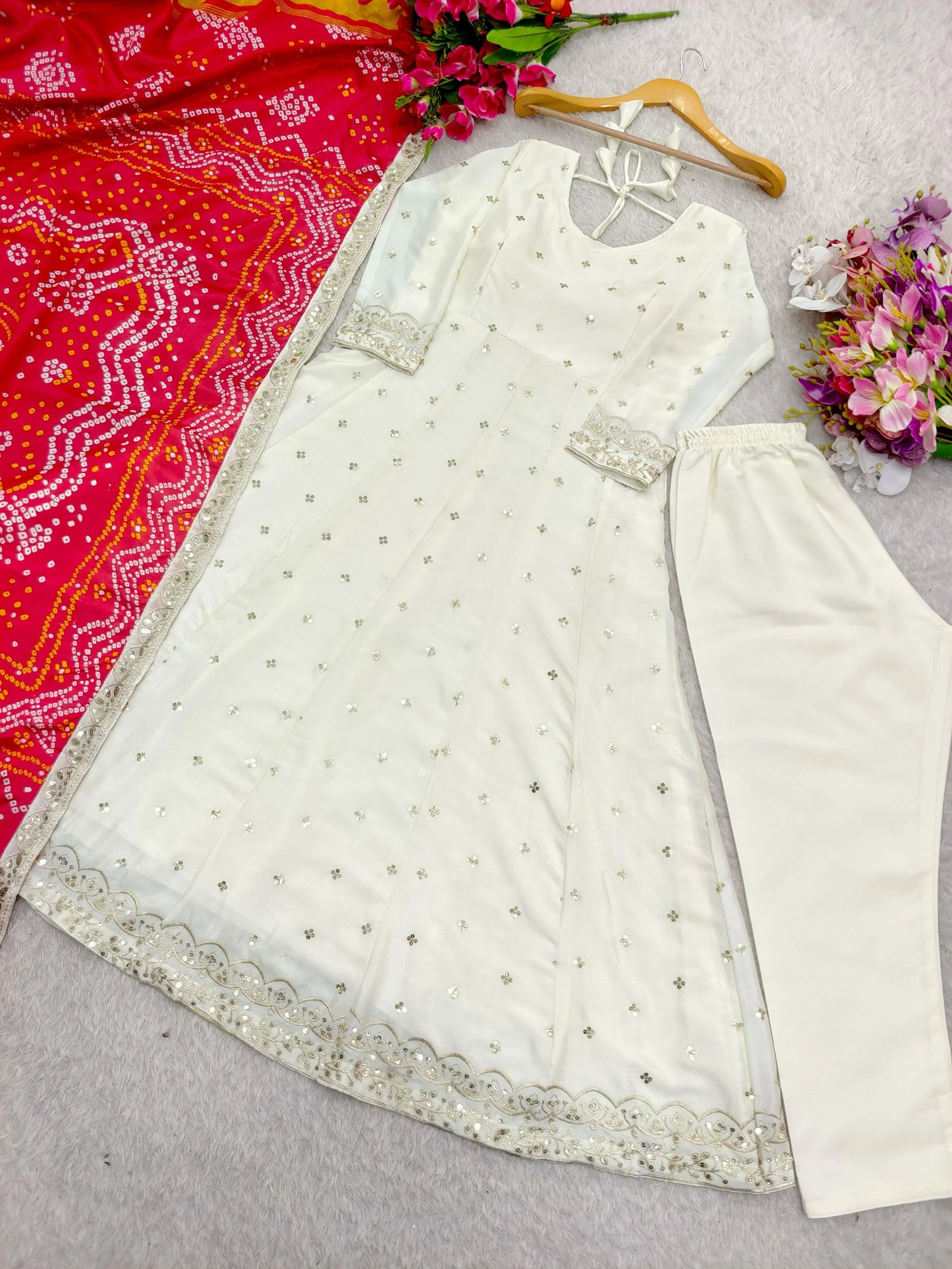 Beautiful Sequence Work White Gown With Bandhani Dupatta