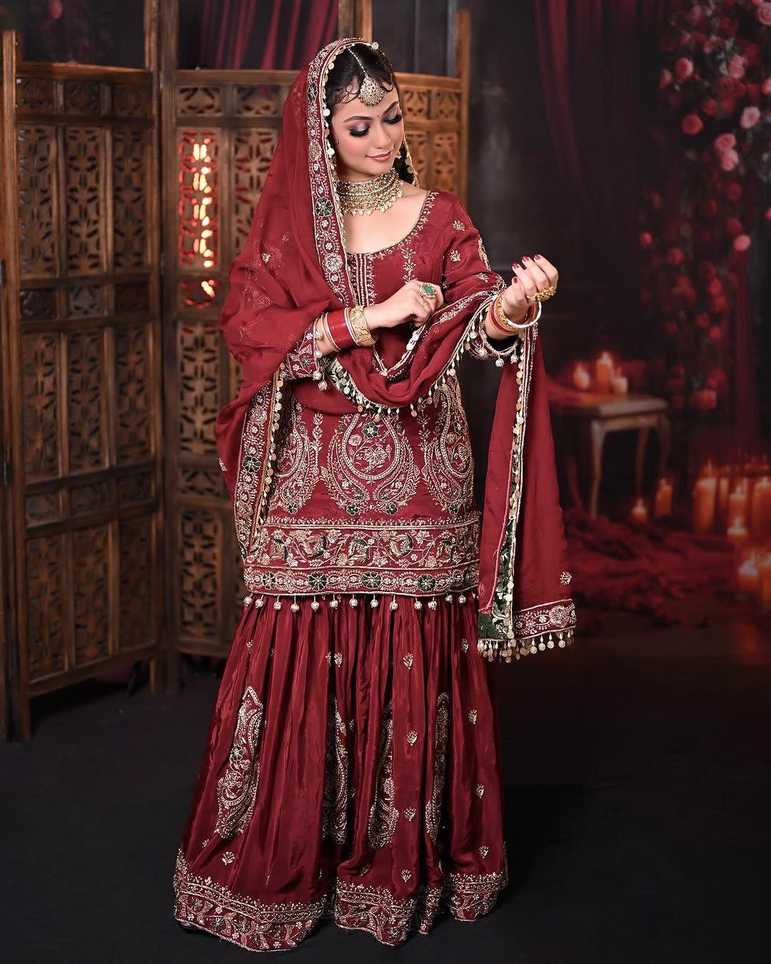 Designer Sequins Heavy Work Maroon Color Sharara Suit