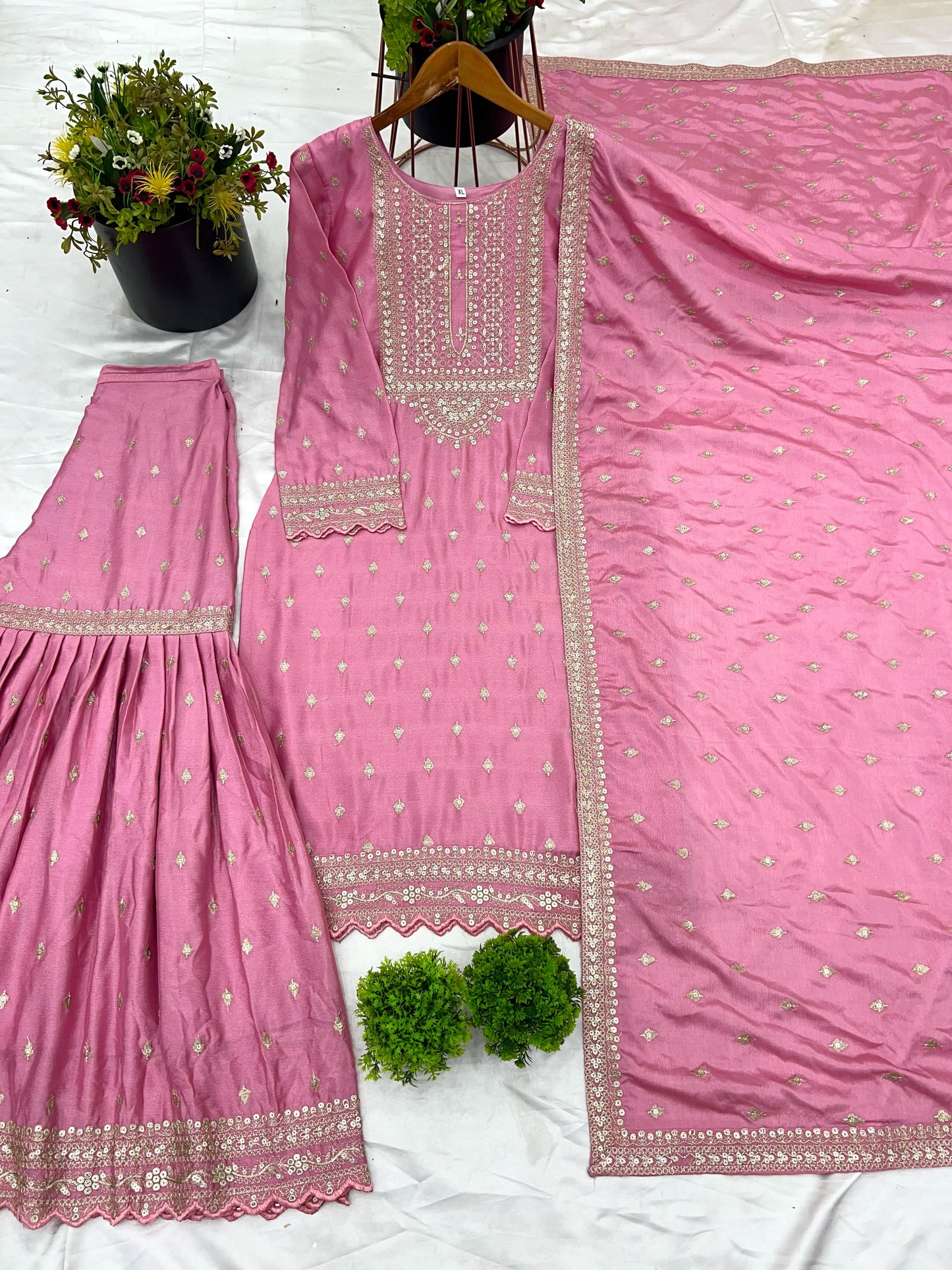 Heavy Embroidery Work Light Pink Color Sharara Suit