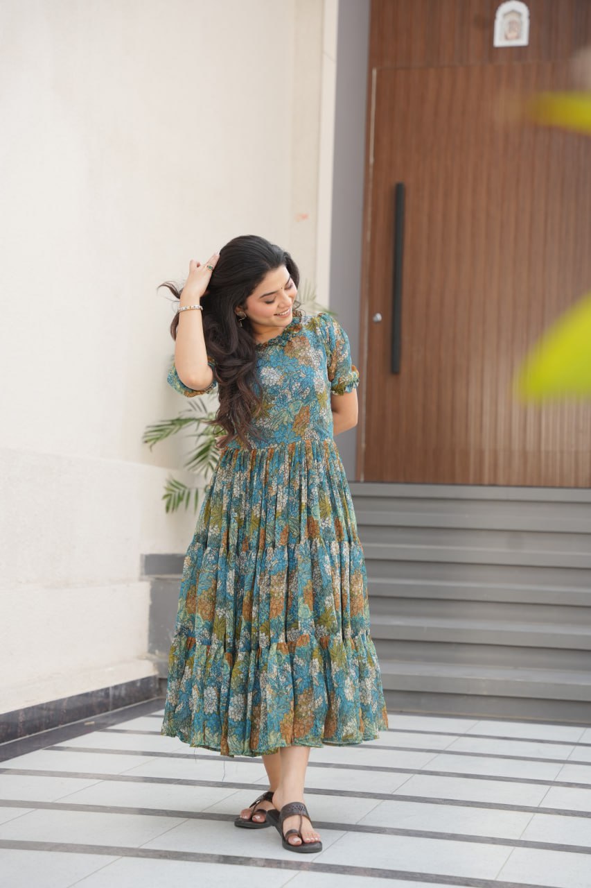 Desirable Women's Full Flair Gown Made With Faux Georgette Fabrics With Print