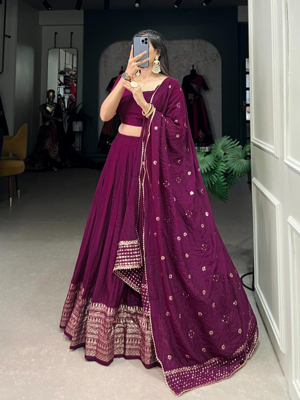 Pure Chanderi Plain Lehenga with Intricate Zari Work Border,