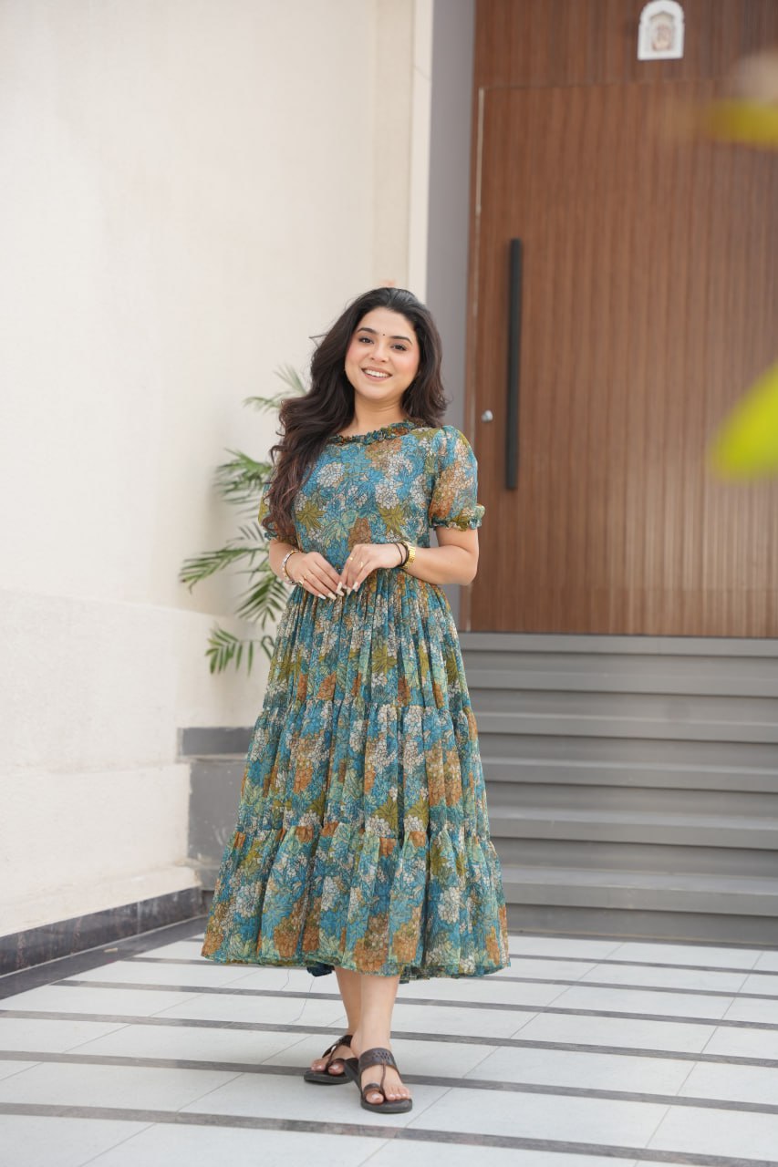 Desirable Women's Full Flair Gown Made With Faux Georgette Fabrics With Print