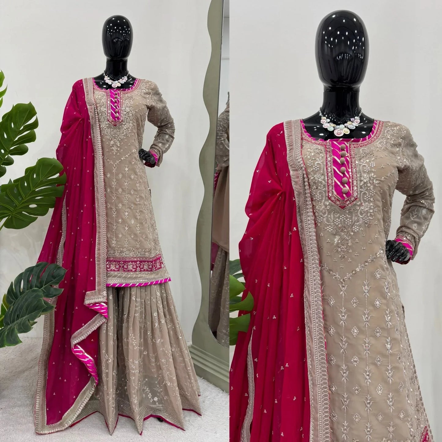 '-44%   Ravishing Sequence Georgette Beige Color Sharara Suit