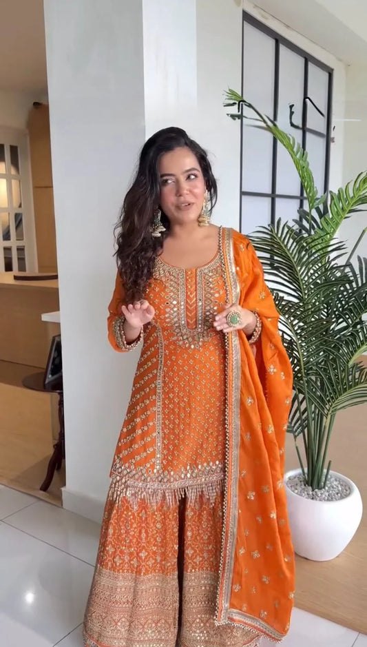 Blissful Gorgette Sequence Work Orange Color Sharara Suit