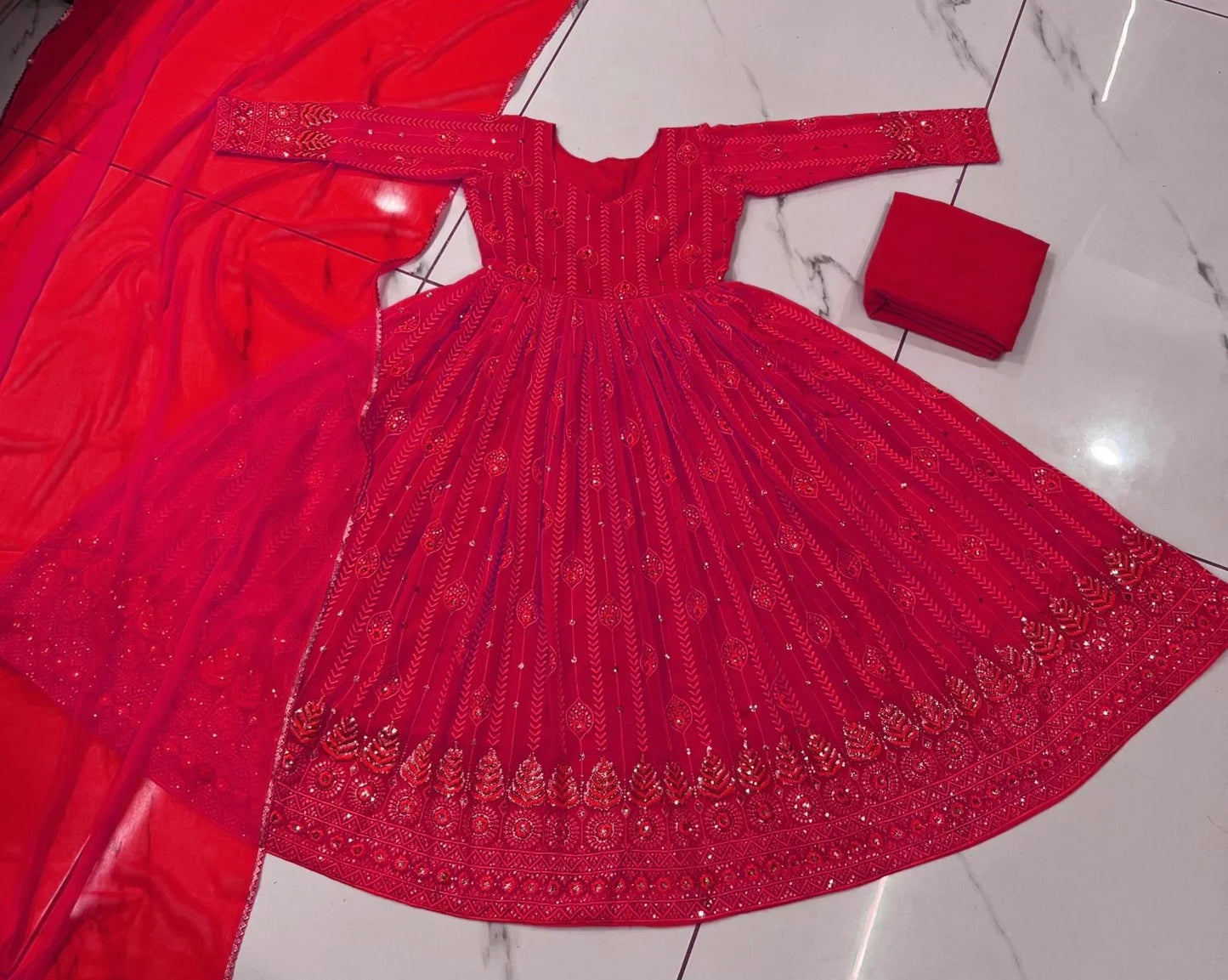 Marvelous Thred And Sequence Work Red Color Anarkali Suit
