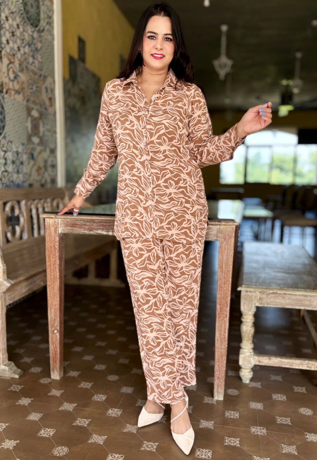 Printed Beige Cord Set