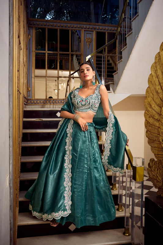 Classic Gold Crush Teal Blue Color Lehenga Choli