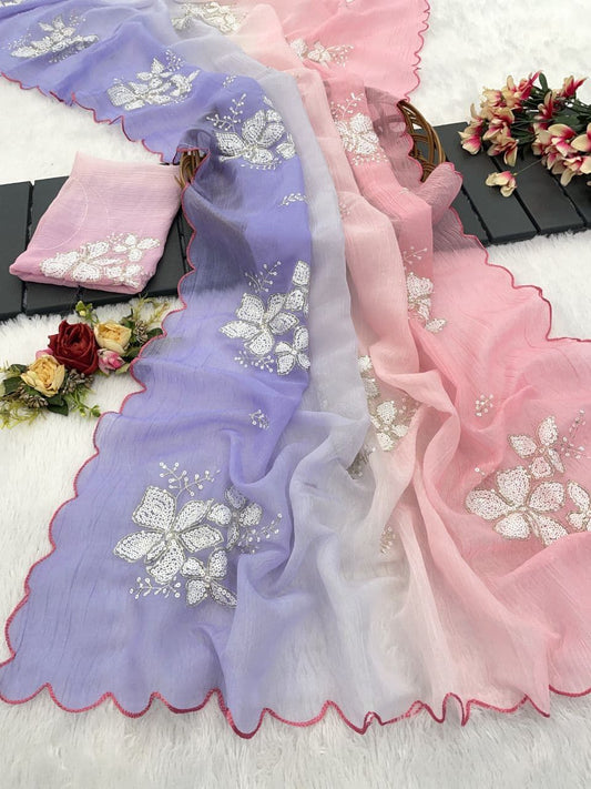 Awesome Embroidery Work Purple & Pink Multi Color Saree
