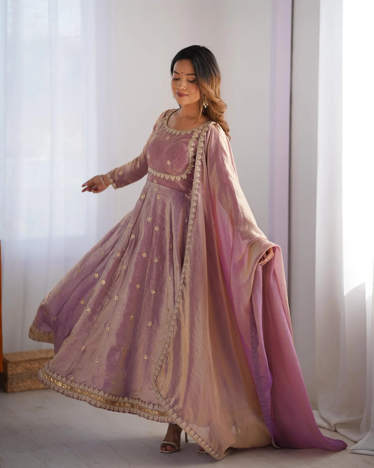 Fancy Sequins Work Pink Color Silk Gown