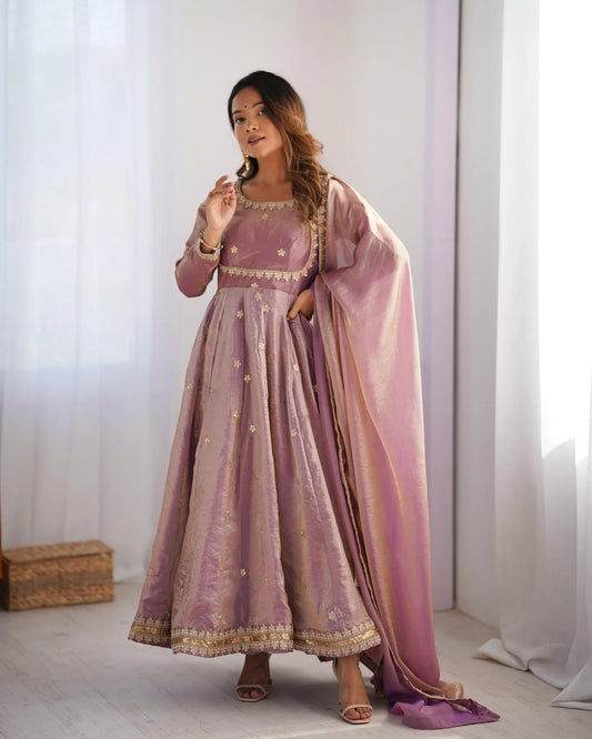 Fancy Sequins Work Pink Color Silk Gown