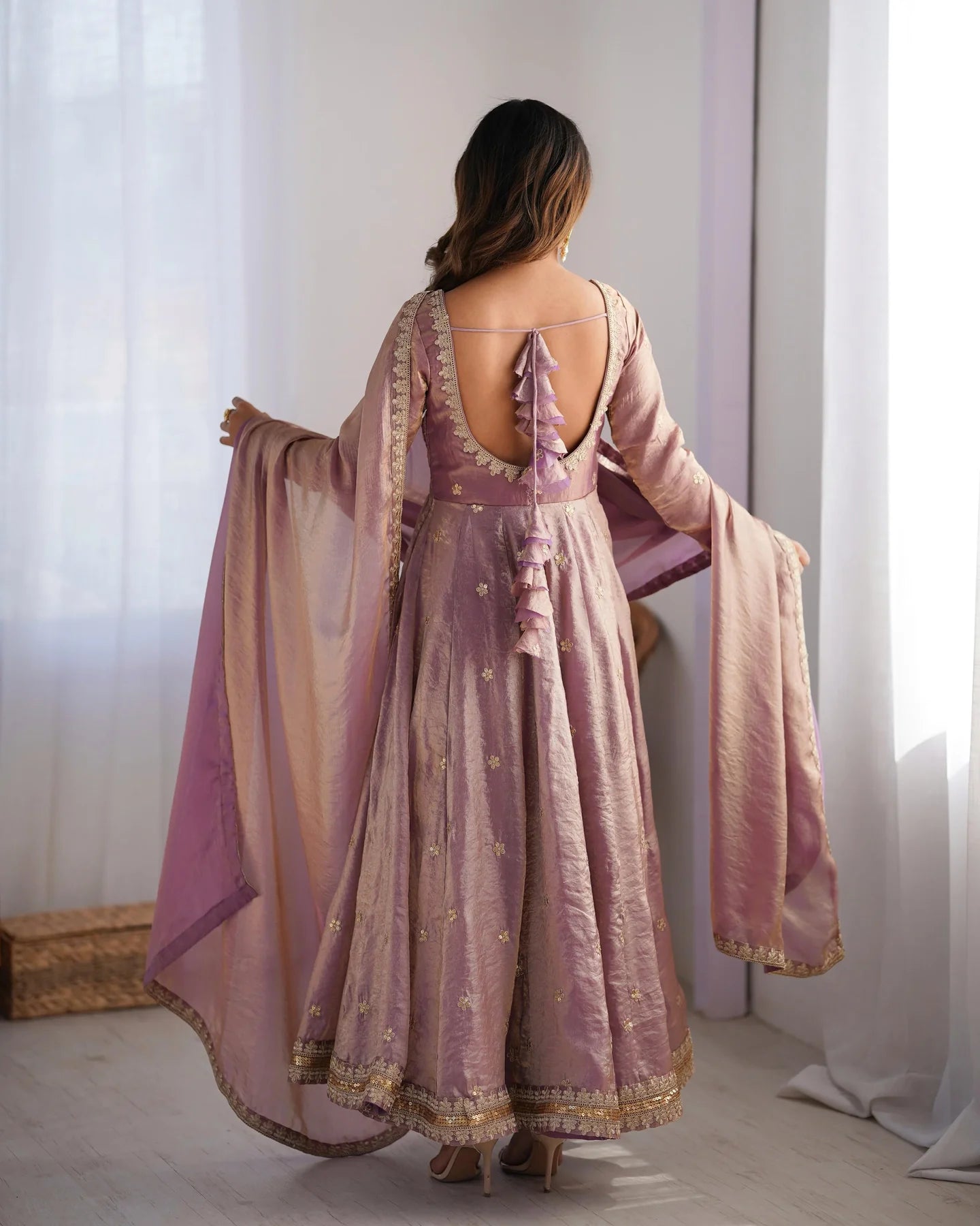 Fancy Sequins Work Pink Color Silk Gown